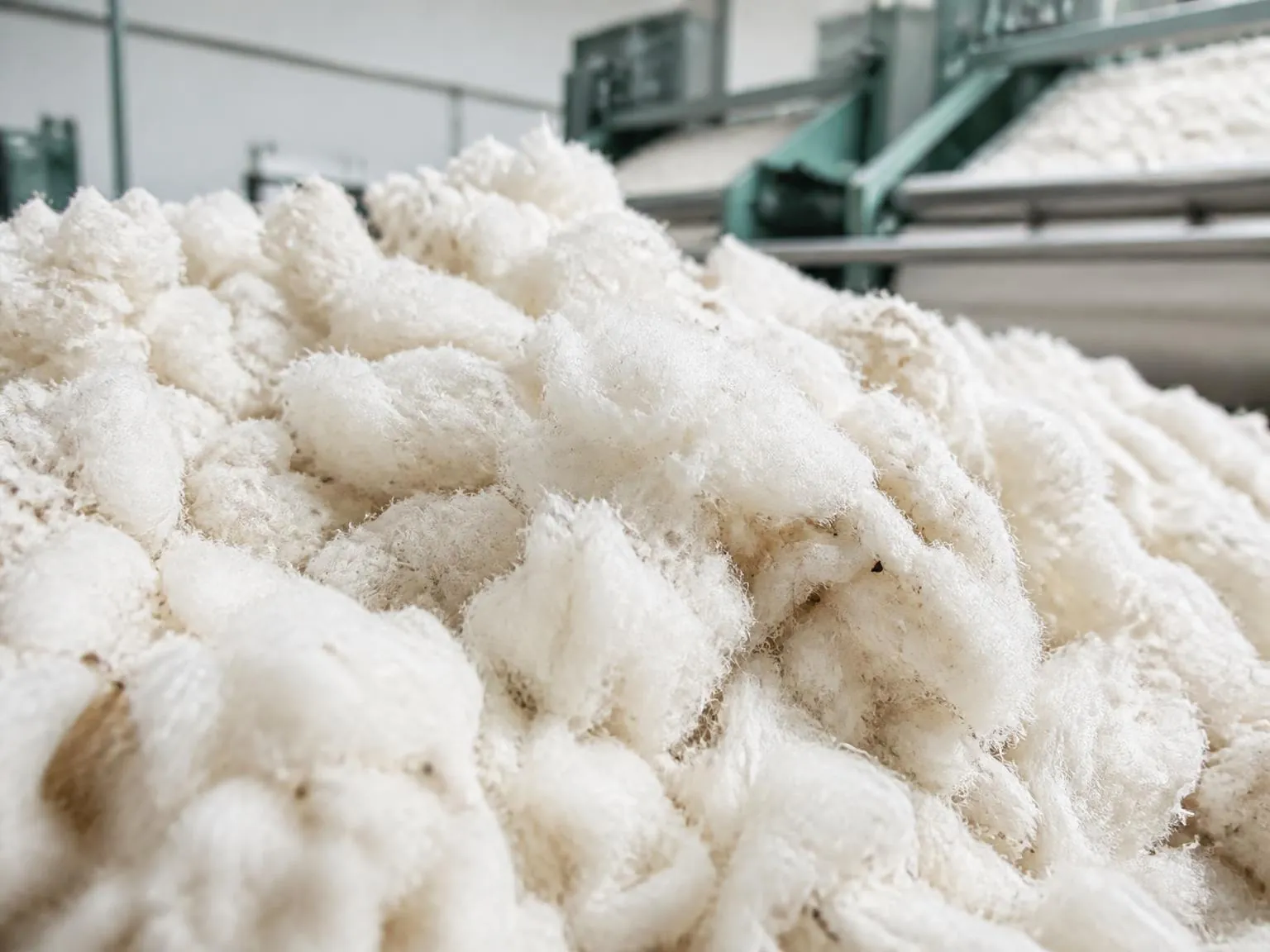 Raw organic cotton fibres in a textile mill, the certified material used in Net-workwear garments.