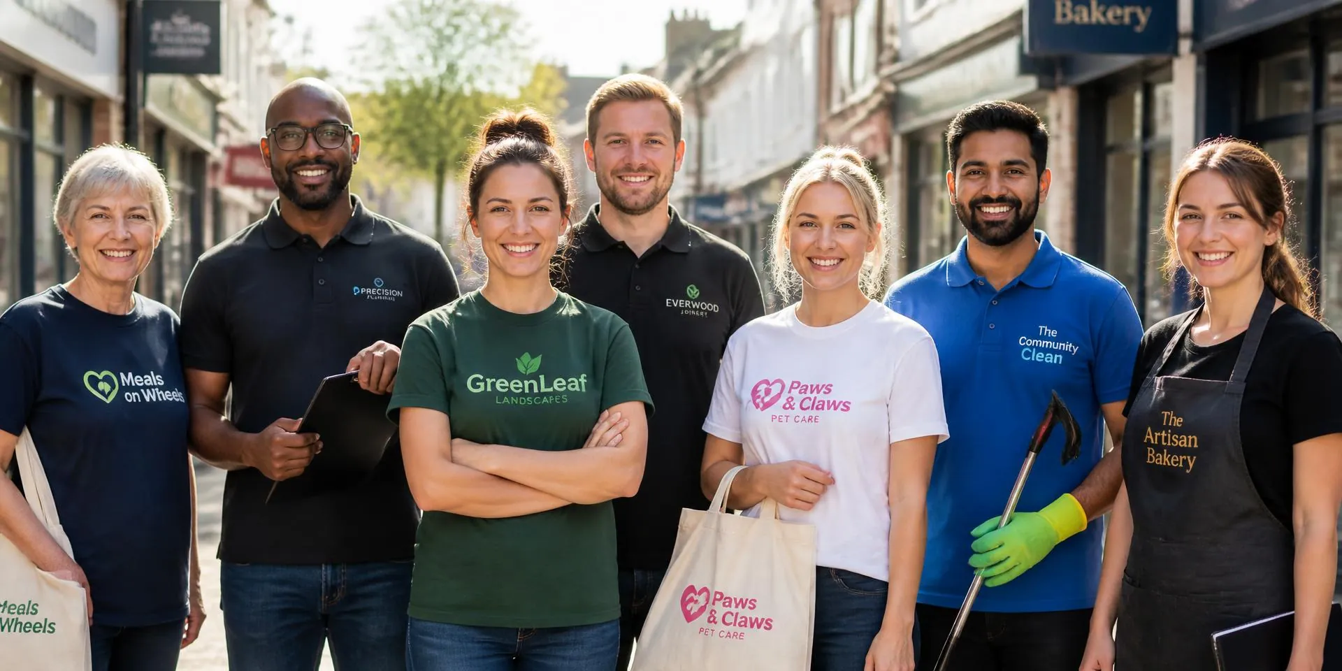 North Yorkshire business owners and charity volunteers smiling together in custom printed workwear on a sunny high street.