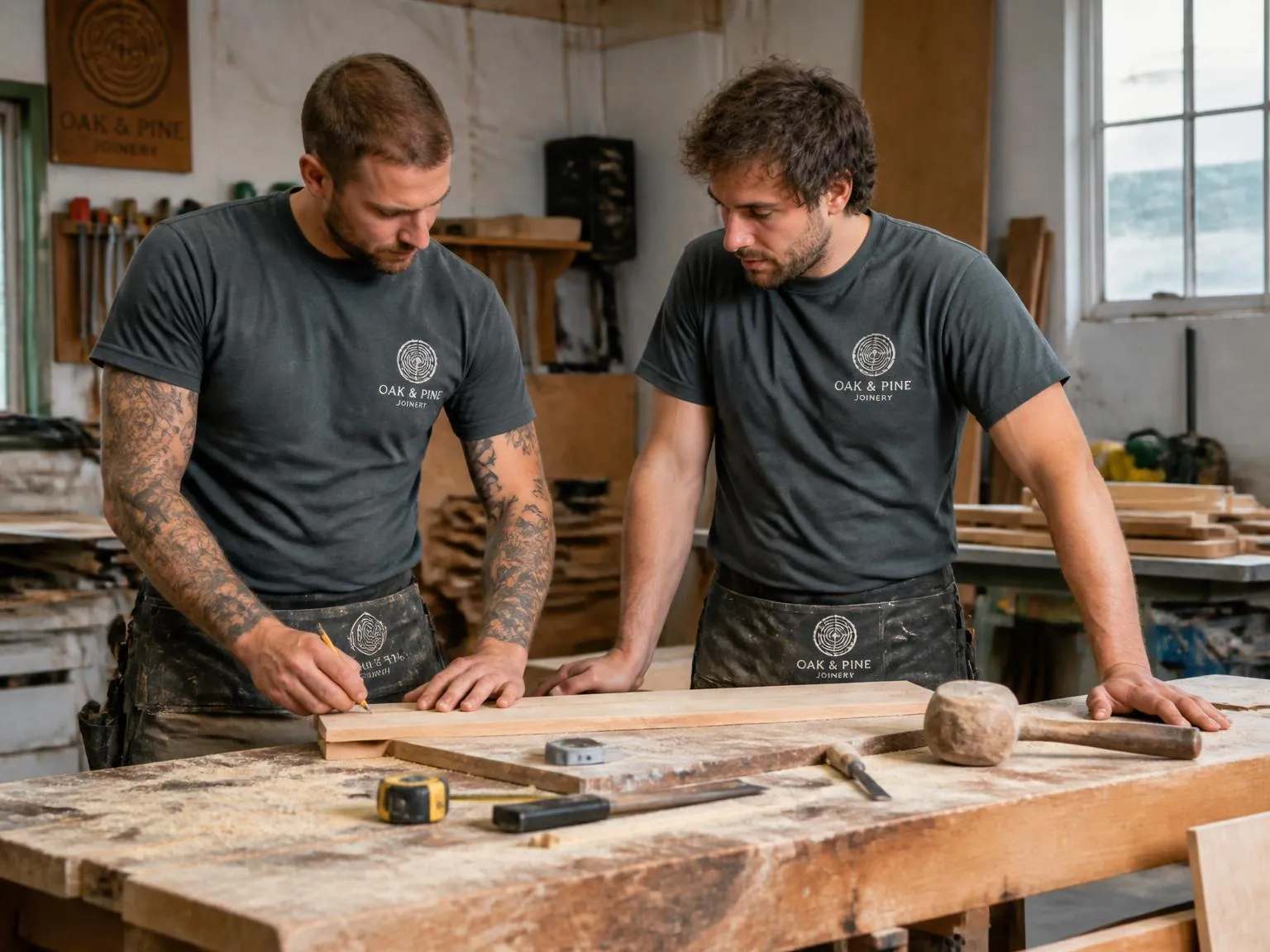 Joiners and carpenters in a Yorkshire workshop wearing matching branded workwear t-shirts.