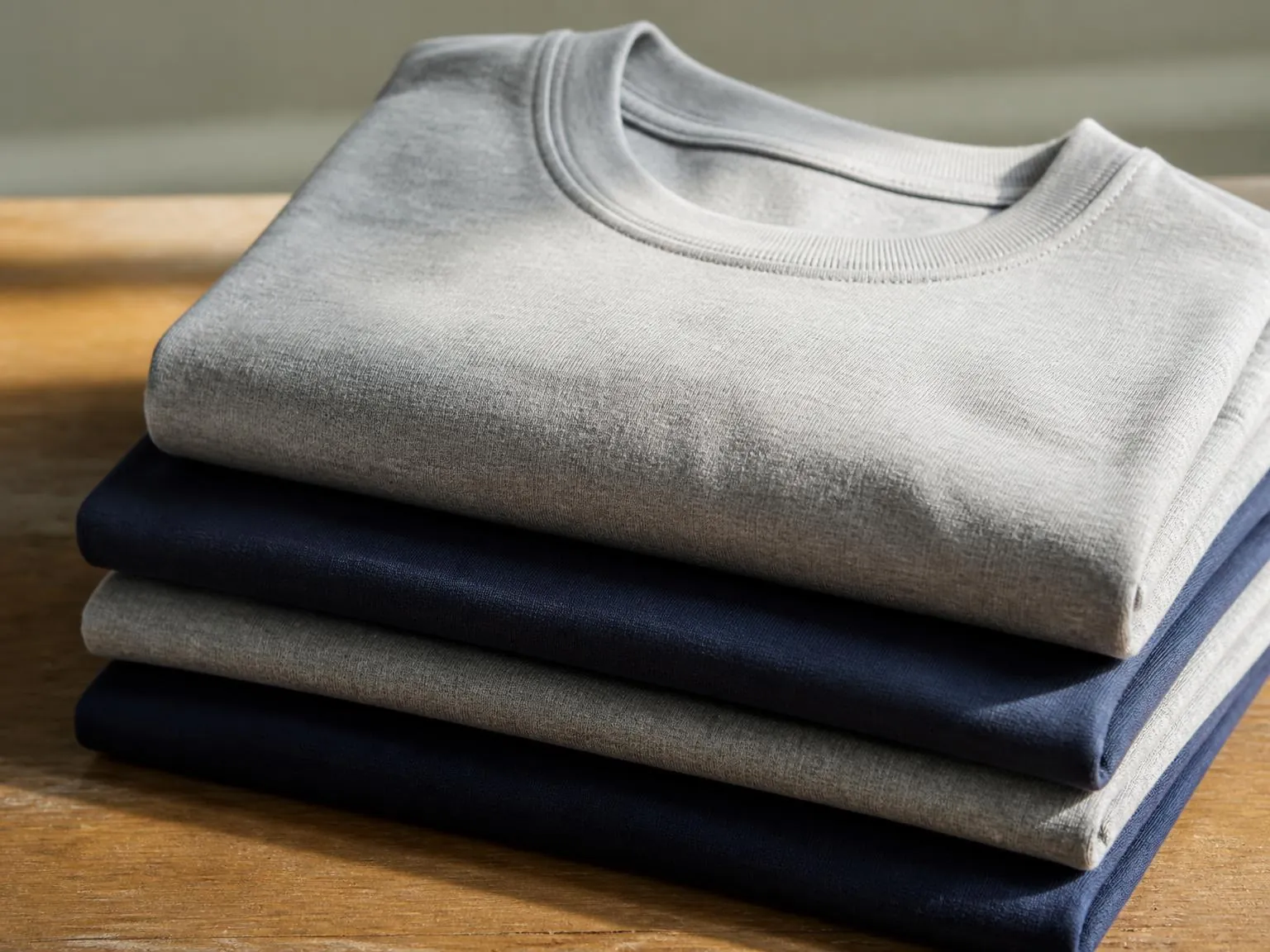 Folded stack of organic cotton workwear t-shirts in grey and navy.